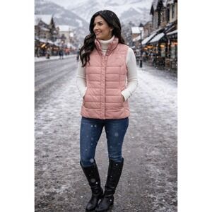 North Face Womens Pink/white quilted Puffer Vest Med.Cabin-core ski sledding